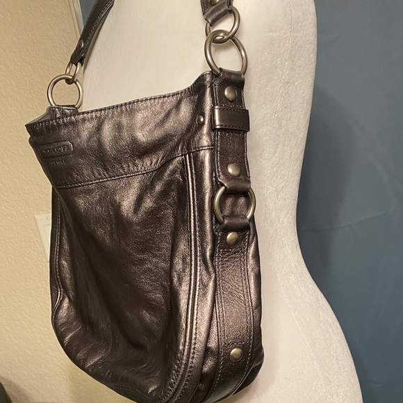 Coach Metallic Shoulder Bag In Dark Silver/Grey. - Picture 2 of 14